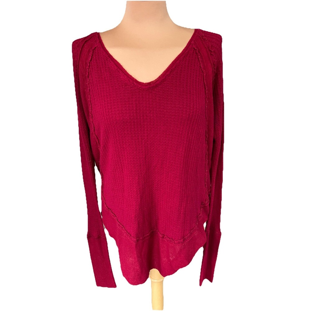 We The Free Women's Waffle Knit‎ Long Sleeve Tunic Size XS Top Burgundy Red Boho